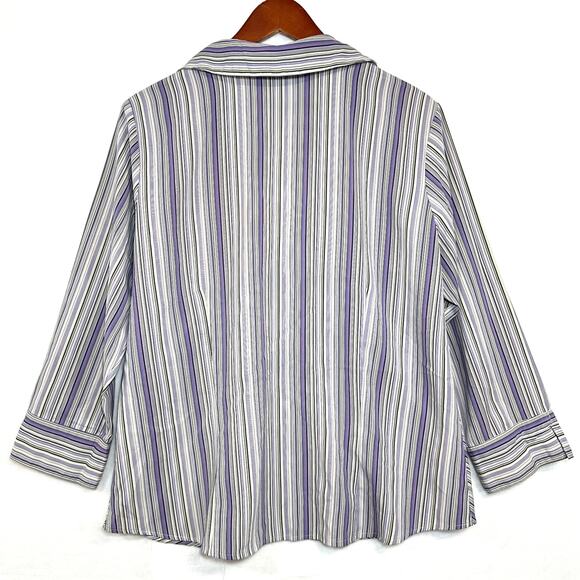 Y2K Notations XL Purple Striped Top Buttoned Asymmetrical Stretch Work 3/4 90s - Picture 3 of 10
